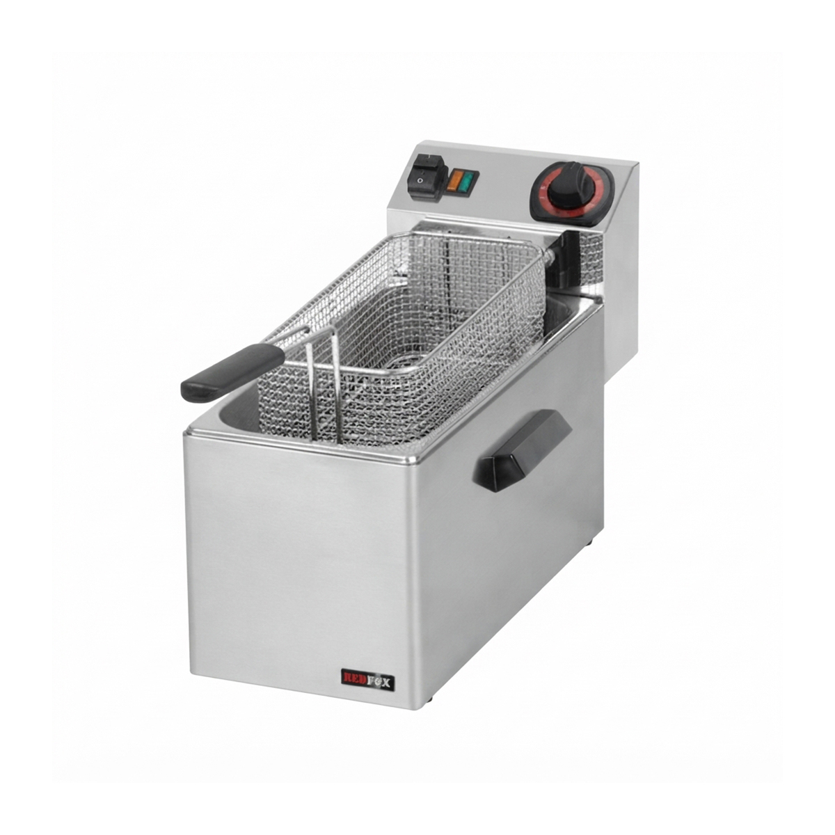 Friteuză electrică argintie din oțel inoxidabil Red Fox 8l cu coș și mânere negre.