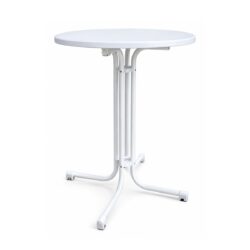 Masă de bar albă, rotundă, pliabilă, cu structură metalică și blat rabatabil Ø 80 cm.