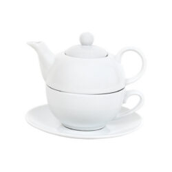 Set de ceai alb din porțelan: ceainic (390 ml), ceașcă (270 ml) și farfurioară.
