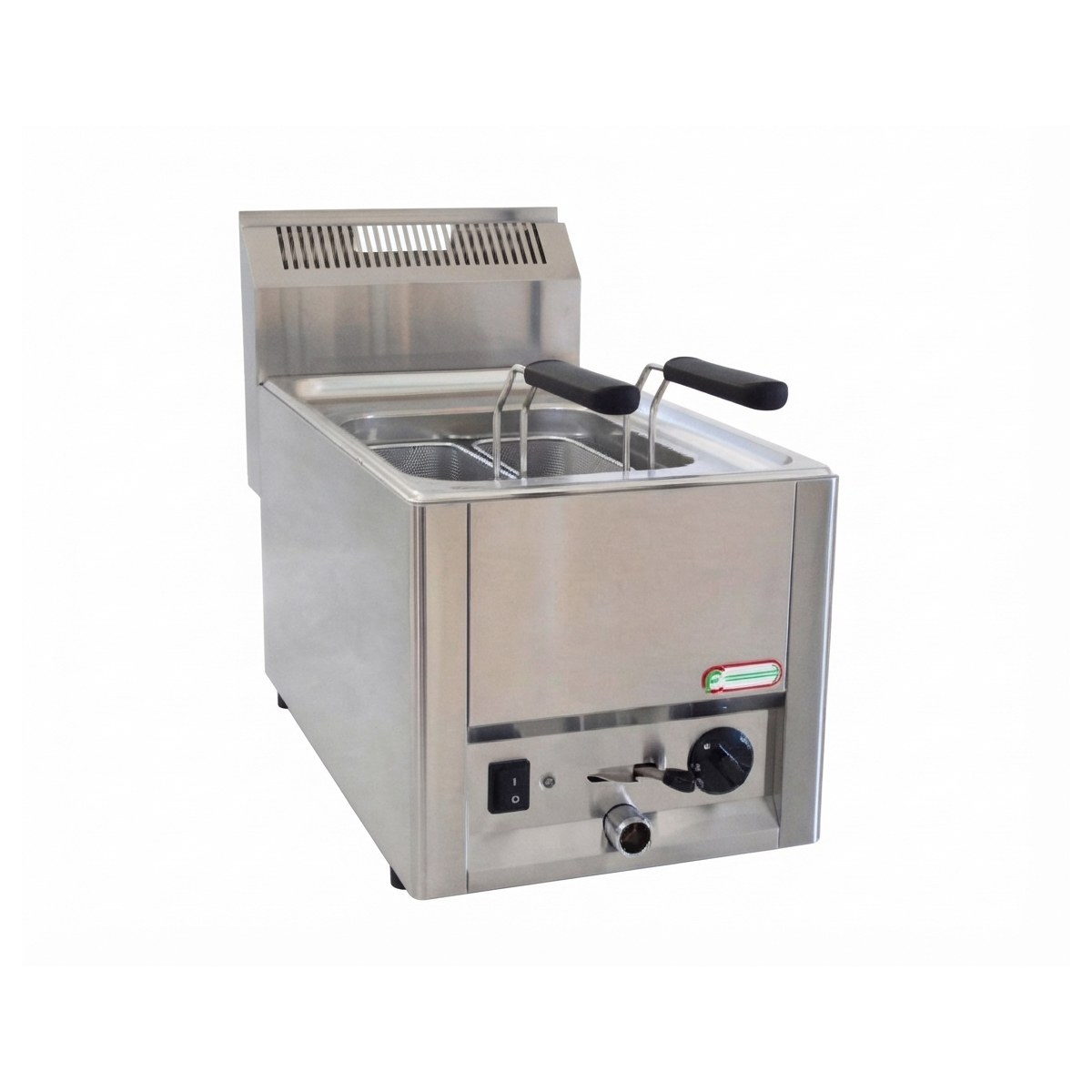 Fierbător profesional compact de paste din oțel inoxidabil, cu două coșuri și robinet de scurgere.