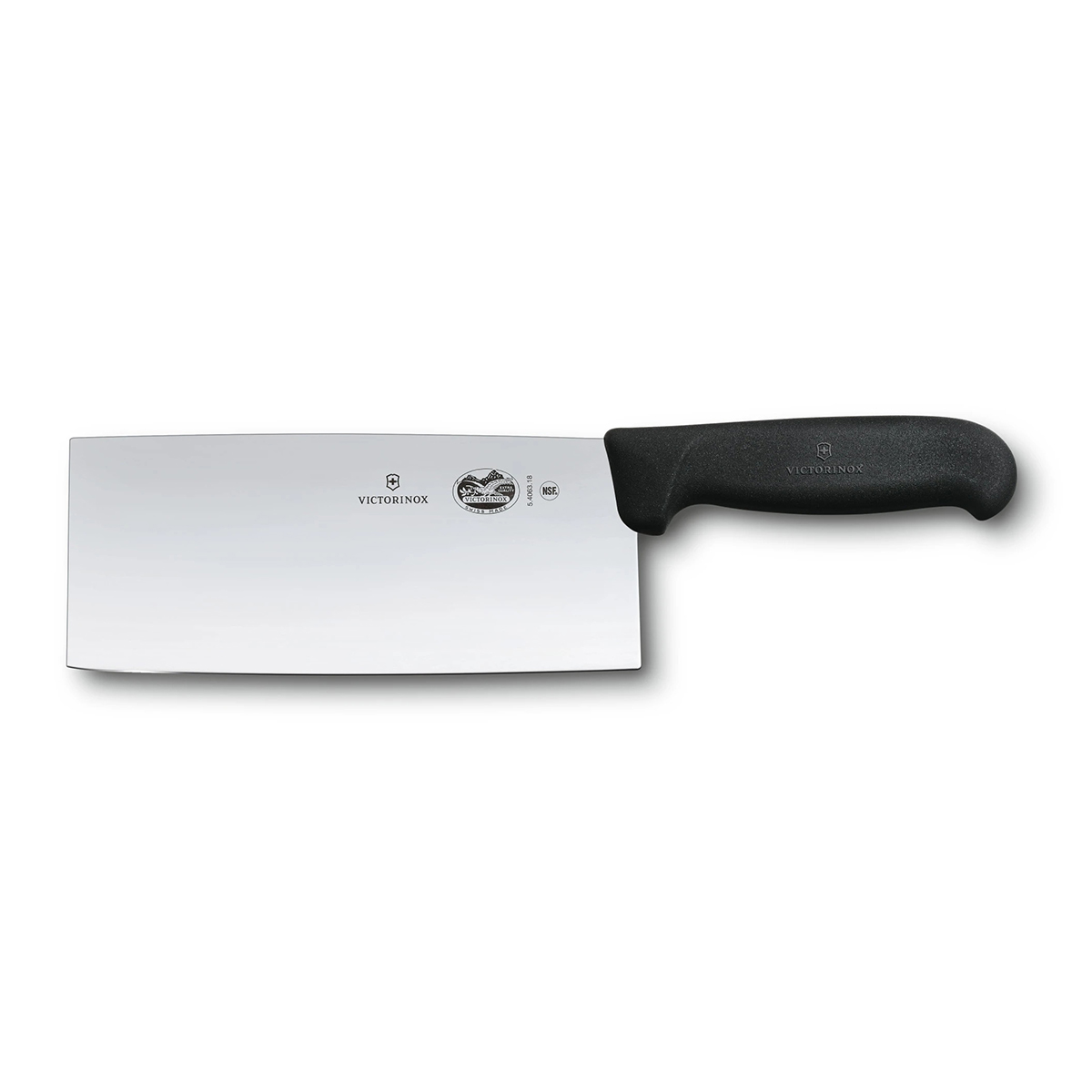 Cuțit chinezesc Victorinox Fibrox, lamă lată 18 cm din oțel inoxidabil, mâner negru poliamidă.