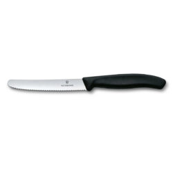 Victorinox Fibrox cuțit roșii, lamă zimțată 11 cm din oțel inoxidabil, mâner negru poliamidă.