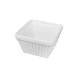 Bol pătrat conic din porțelan alb 60x60 mm, cu nervuri, pentru sosuri.