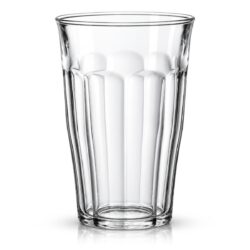 Pahar transparent Picardie din sticlă securizată, 400 ml, cu striații verticale, rezistent la șocuri.