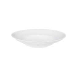 Farfurie albă rotundă din porțelan cu centru adâncit și margine lată, diametru 27 cm.