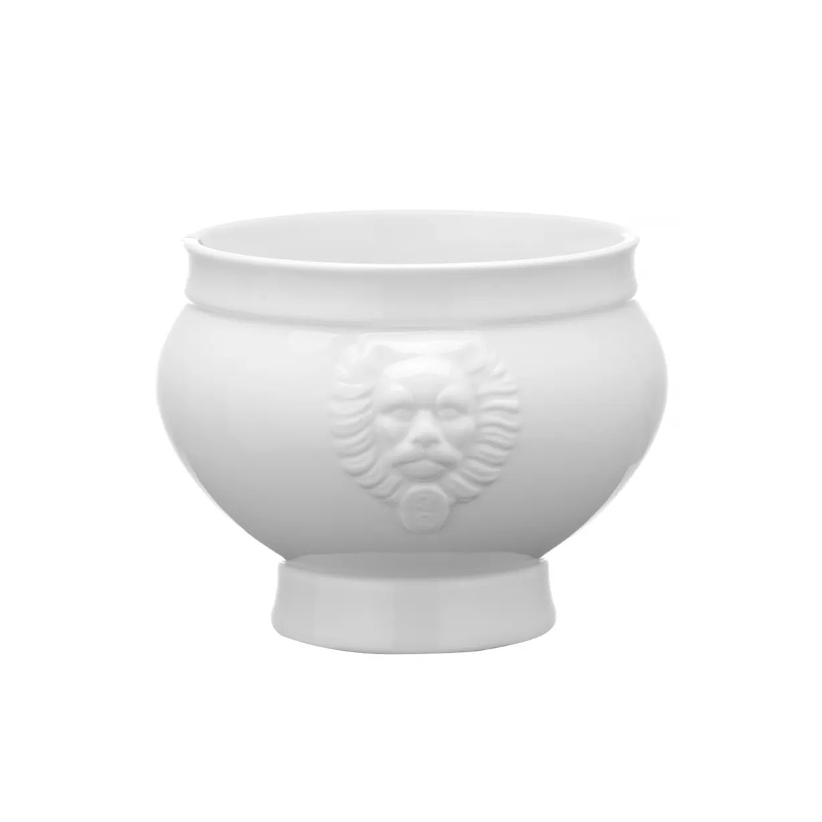 Supieră albă din porțelan Lionhead cu relief de leu, capacitate 2 litri.