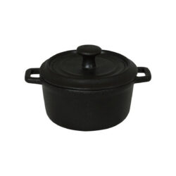 Oală neagră de porțelan cu capac, 250 ml, imitație fontă, două mânere.