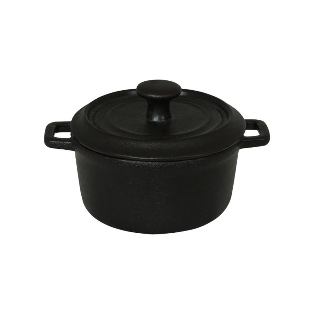 Oală neagră de porțelan cu capac, 250 ml, imitație fontă, două mânere.