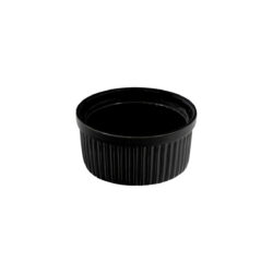 Vas rotund negru din porțelan, cu pereți striați, pentru copt, diametru 9 cm.