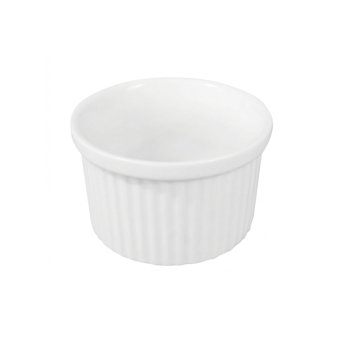 Vas alb de copt din porțelan, cu suprafață striată, diametru 9 cm, perfect pentru sufleu.