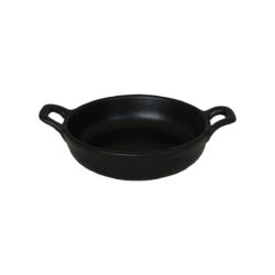 Vas de copt negru din porțelan cu două mânere, imitație fontă, pentru servire.